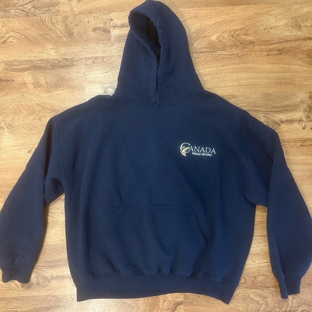 Ignace Ontario Canada fishing sweatshirt. Navy Blue, size large.